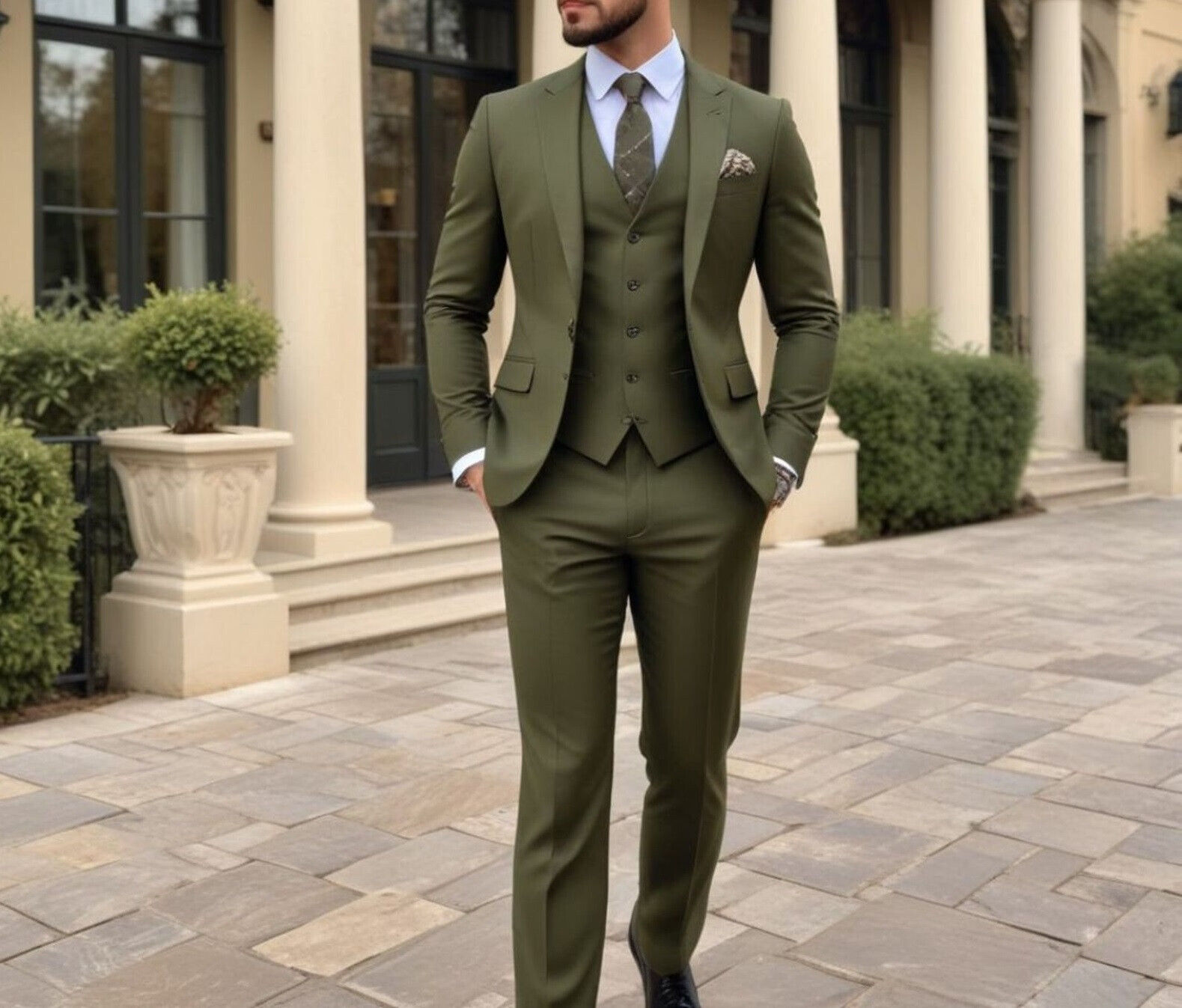 Men Formal Wear Wedding - Heren olijfgroene driedelige pak slim fit