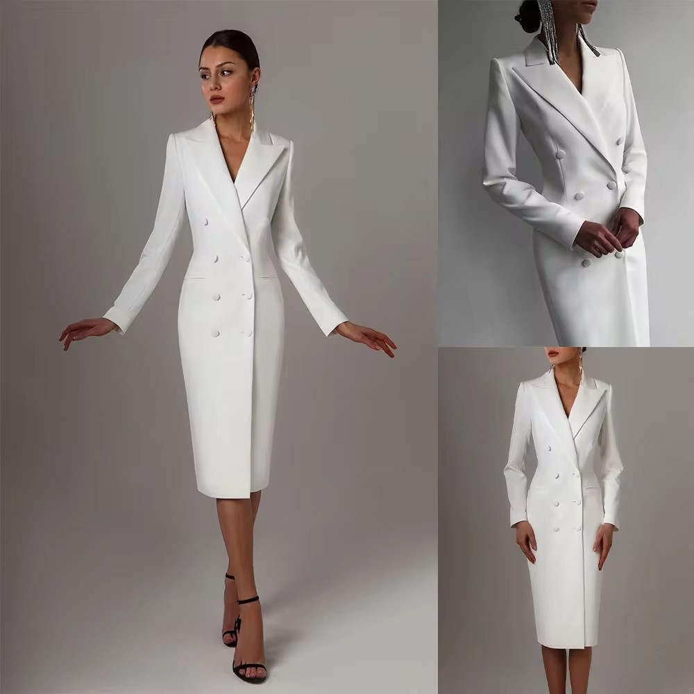 Men Formal Wear Wedding Guest - Herfst Witte Double Breasted Vrouwen Lange