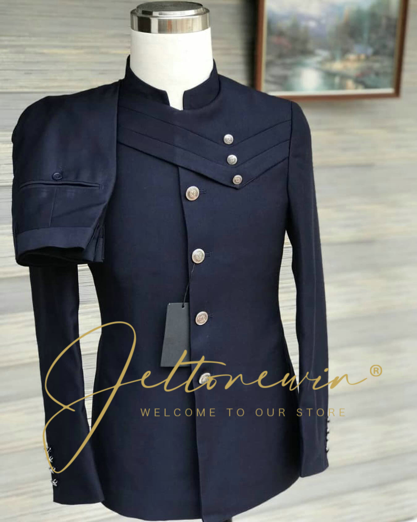 Men'S Style Formal Wear - Marineblauwe herenkostuumset met opstaande kraag in