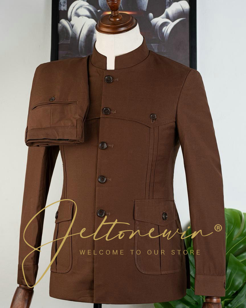 Men Formal Wear Brown - Bruin tweedelig herenpak met opstaande kraag