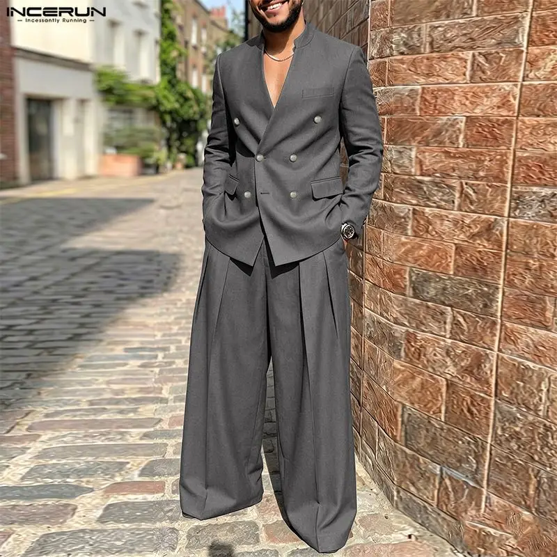 Double Breasted Blazer - INCERUN Herensets Effen Kleur V-hals Lange