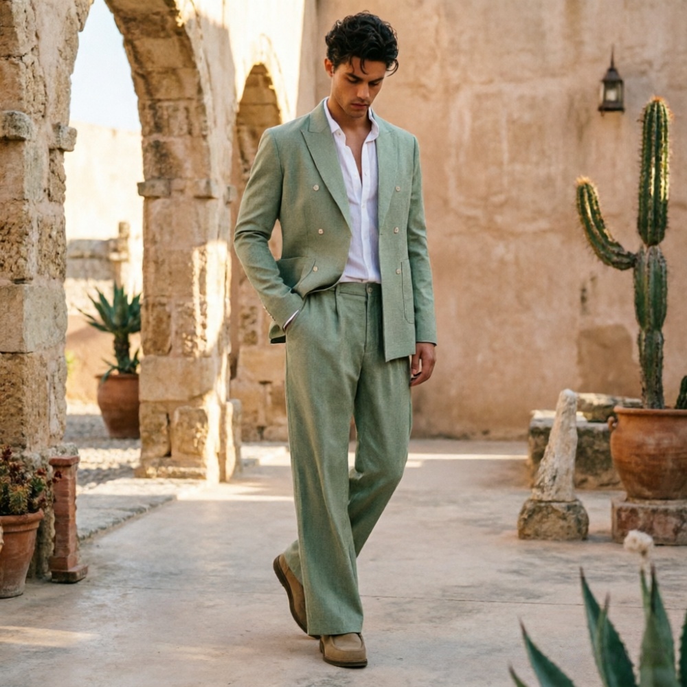 Men Formal Wear Wedding Guest - Saliegroen linnen herenpakken, ontspannen, dubbelgeknoopt, 2-delig,