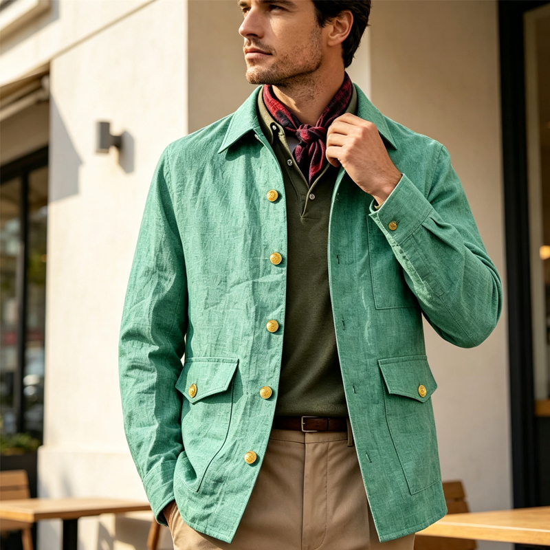 Men'S Style Formal Wear - Vintage linnen herenjas met reverskraag, gouden