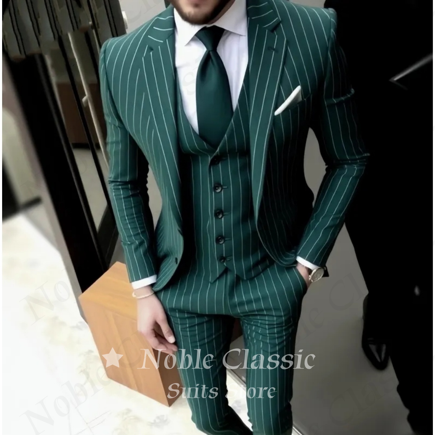 Herenpak groen gestreept slim  - Men Formal Wear Wedding Guest recensie en prijs
