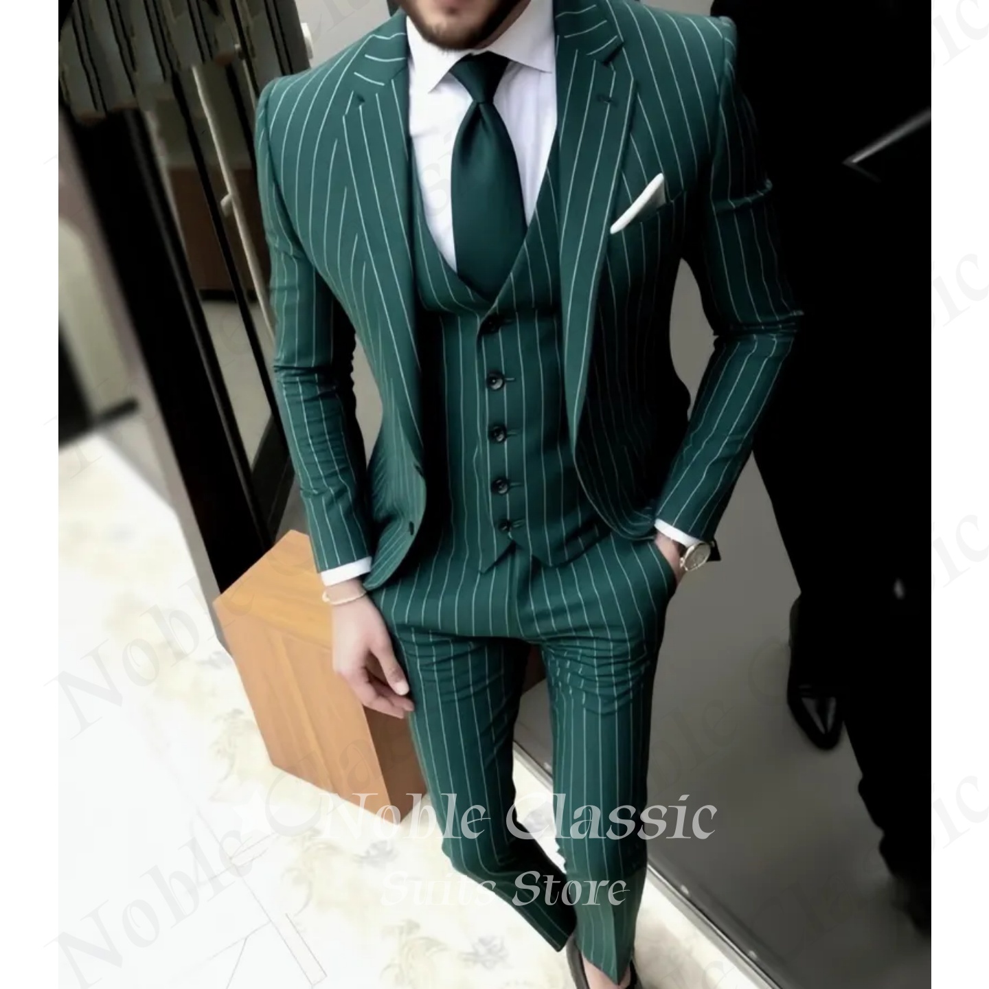 Herenpak groen gestreept slim  - Men Formal Wear Wedding Guest recensie en prijs