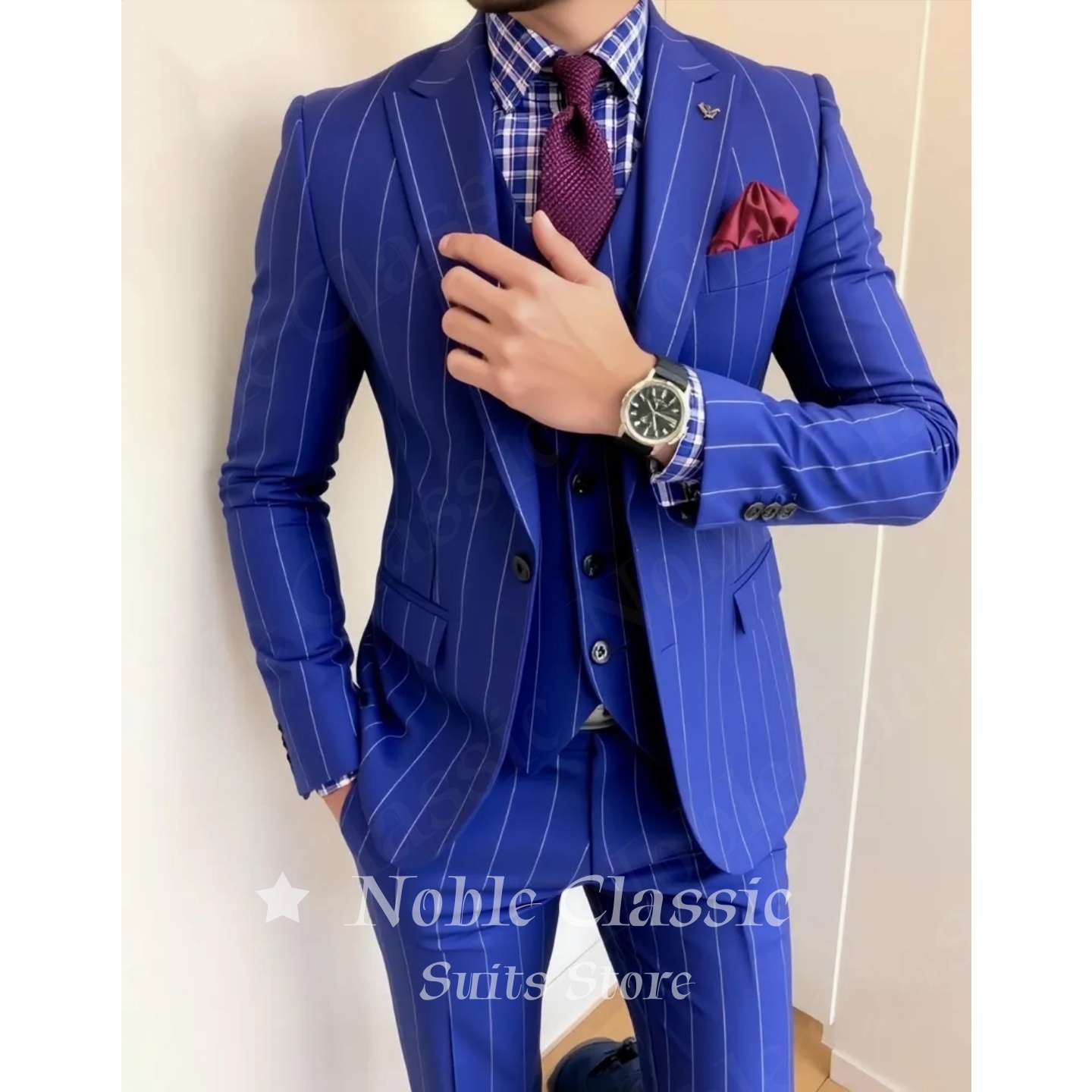 Heren blauw krijtstreep 3-deli - Men Formal Wear Wedding Guest recensie en prijs