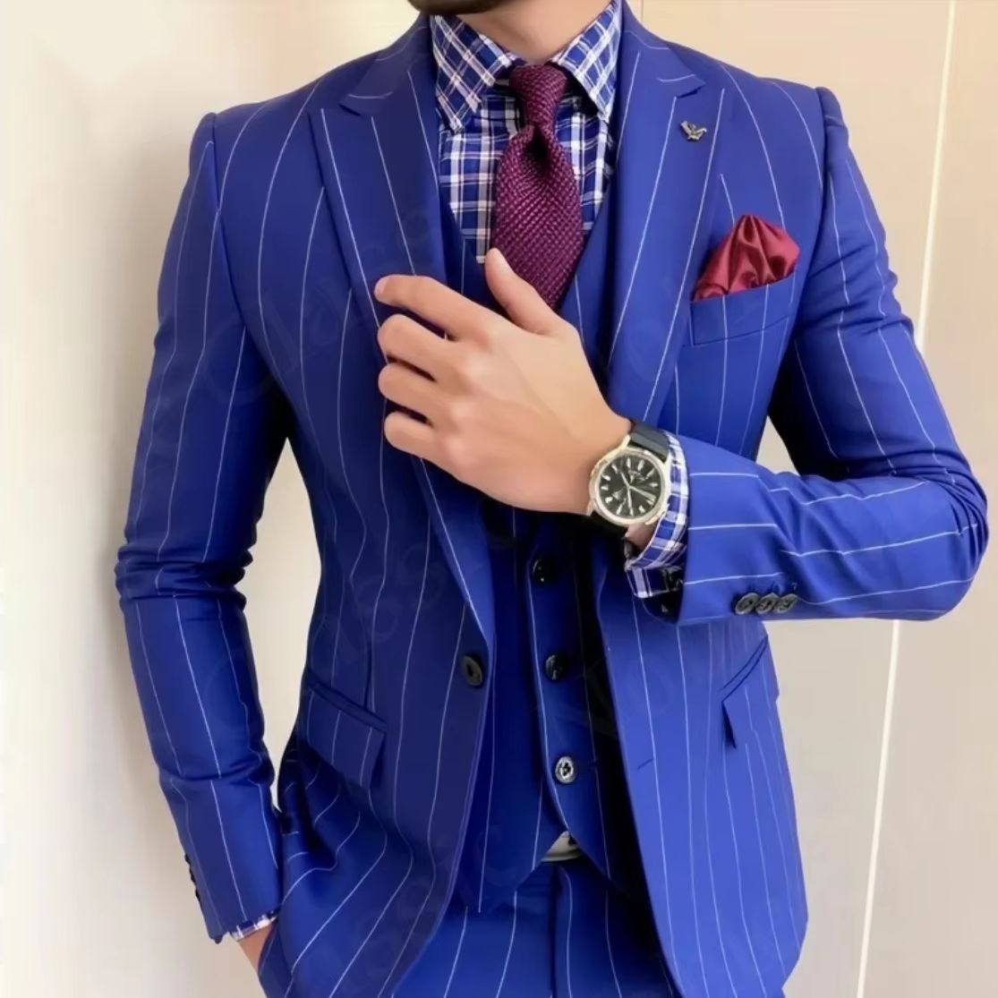 Heren blauw krijtstreep 3-deli - Men Formal Wear Wedding Guest recensie en prijs