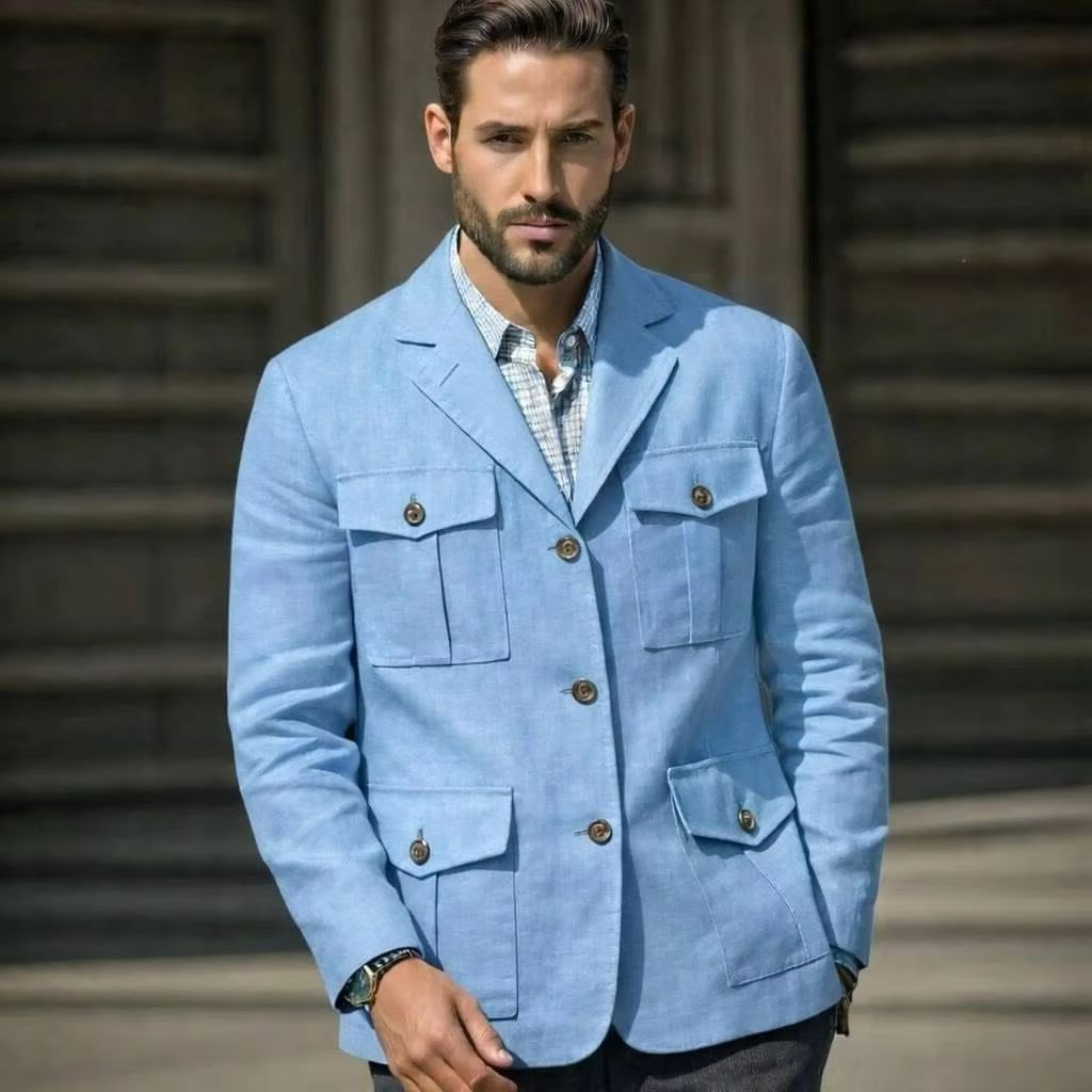 Blauwe linnen safari blazer he - Men'S Formal Resort Wear recensie en prijs