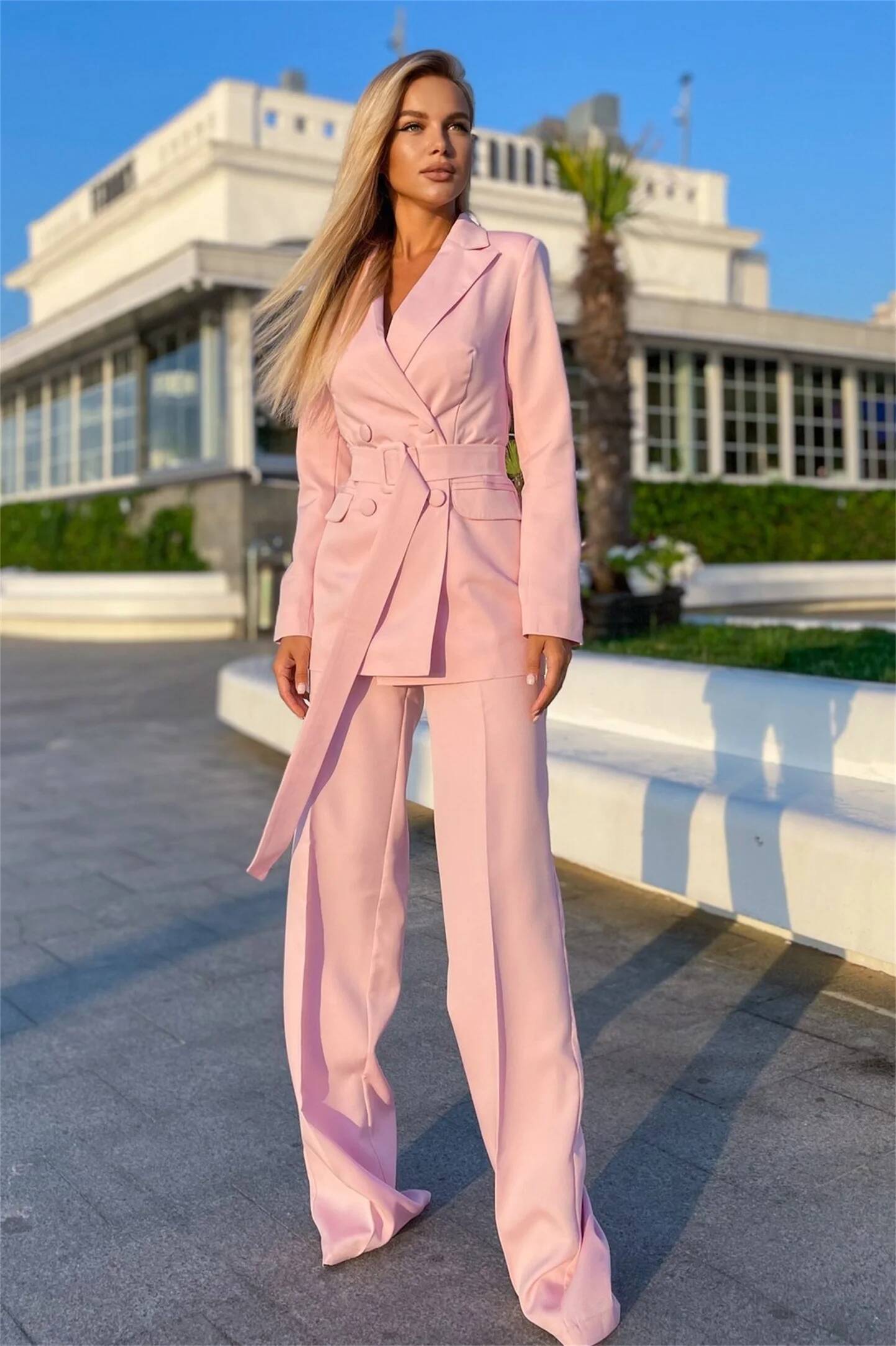 Dames roze pakken 2-delig zake - Double Breasted Blazer recensie en prijs