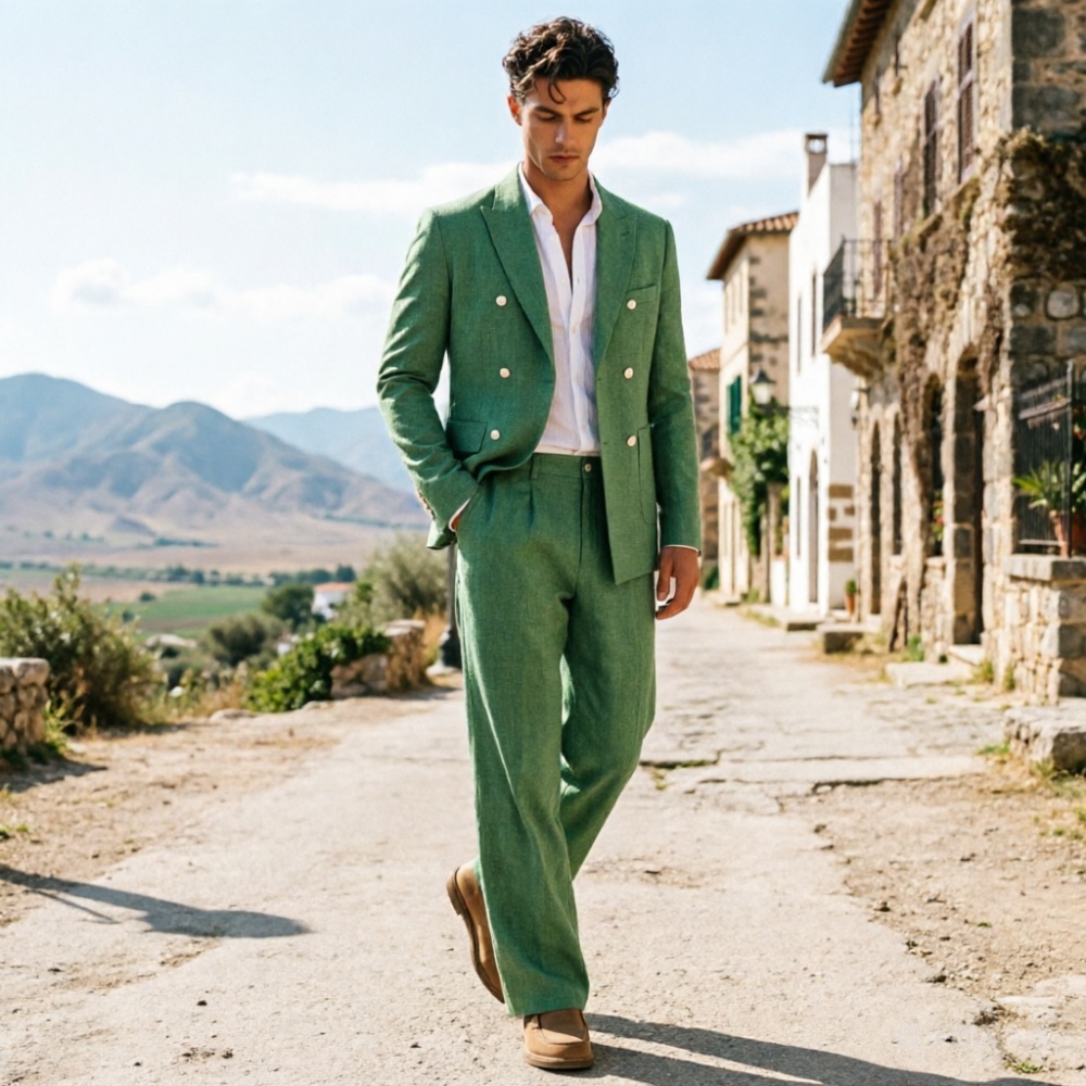 Saliegroen linnen herenpakken, - Men Formal Wear Wedding Guest recensie en prijs